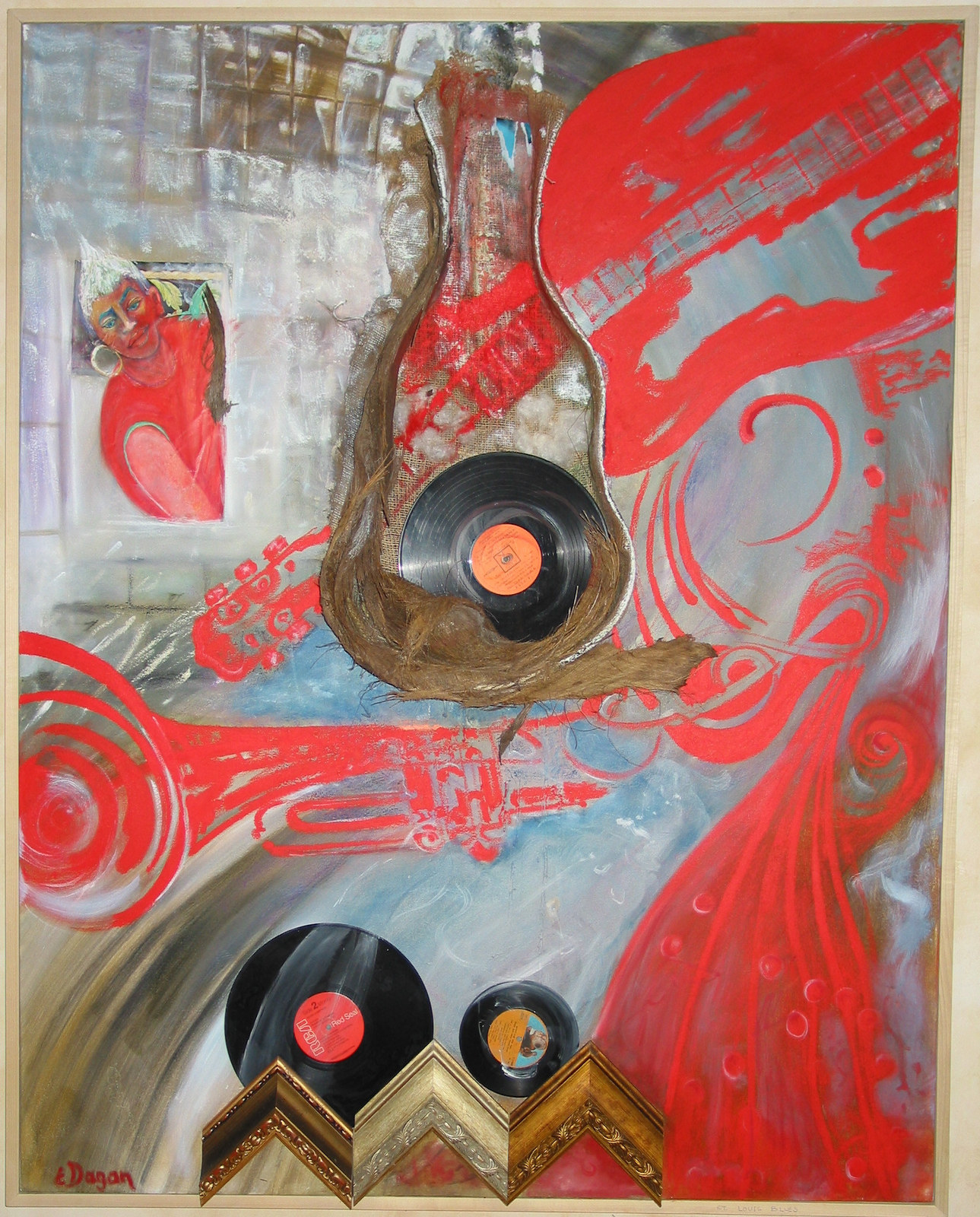 All That Jazz — a red and grey mixed-media assemblage built around real vinyl records and a burlap guitar form