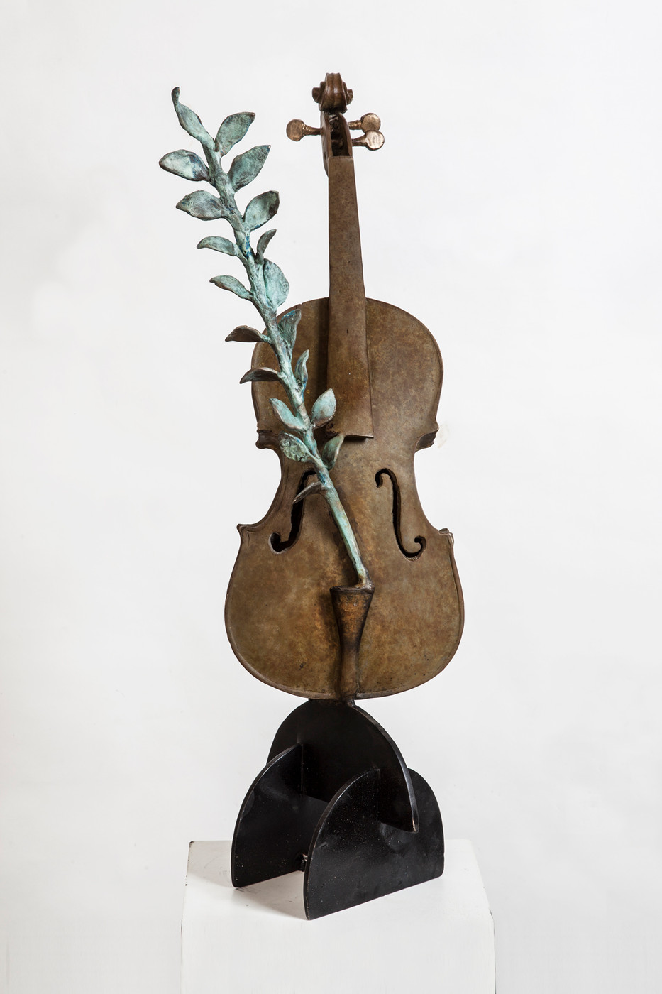 Verdigris Violin — a bronze violin with a flowering verdigris branch growing through it